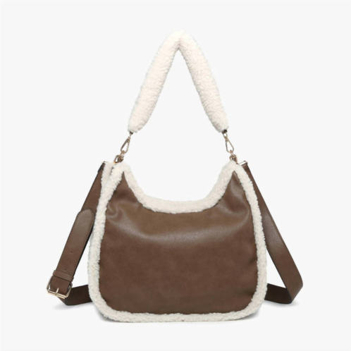 Jen & Co. reece vegan leather sherpa satchel bag in brown / white