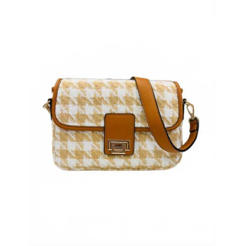 Jen & Co. womens houndstooth style icon purse crossboday bag in tan/white