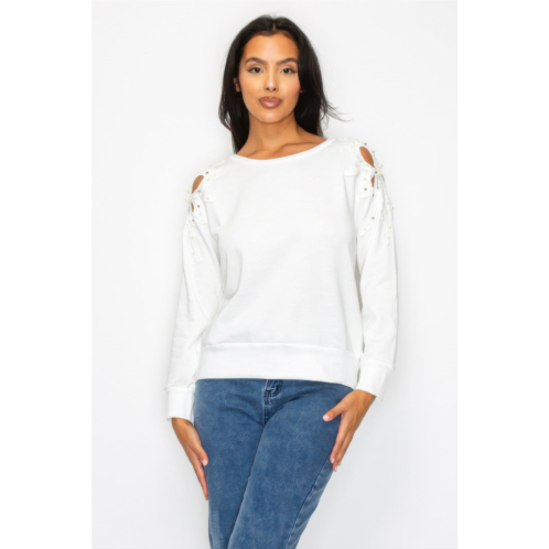 TRUEDAMES solid pear bead flower patch cut out sweatshirt