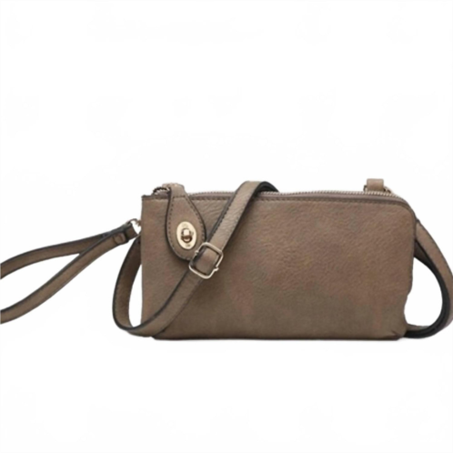 Jen & Co. crossbody wristlet clutch with twist lock closure in khaki