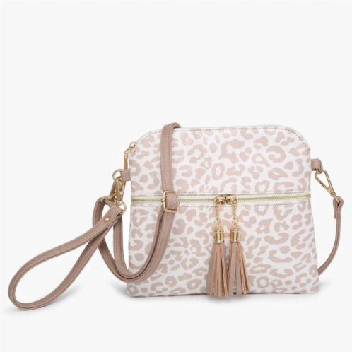 Jen & Co. cheetah print crossbody wristlet front zip pocket tassels in nude