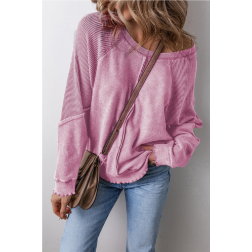 TRUEDAMES pink waffle knit patchwork exposed seam raglan sweatshirt