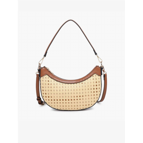 Jen & Co. womens daisy crescent rattan crossbody with vegan leather contrast in natural/brown