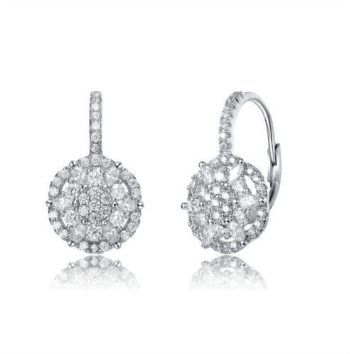 Rachel Glauber white gold plated with clear cubic zirconia flower cluster halo dangle earrings with leverbacks