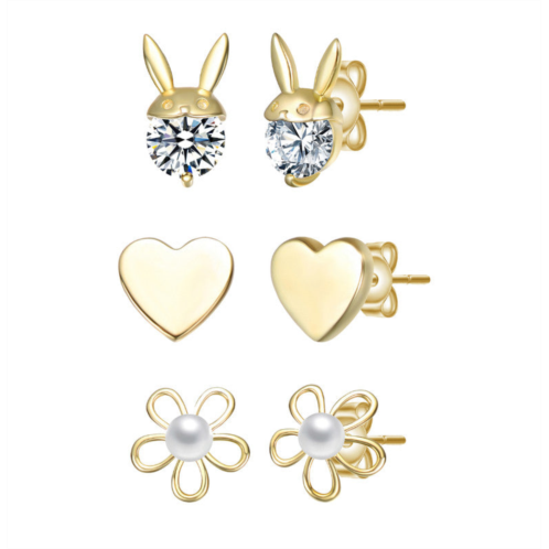 Rachel Glauber sterling silver 14k gold plated with clear cubic zirconia & mother of pearl rabbit heart & flower stud earring 3-piece set