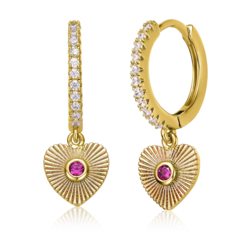 Rachel Glauber rg 14k yellow gold plated with ruby cubic zirconia sunray heart dangle charm hoop earrings
