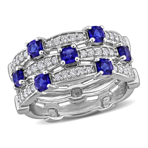 Mimi & Max 1ct tgw created blue sapphire 1/3ct tw lab-grown diamond 3-row ring sterling silver