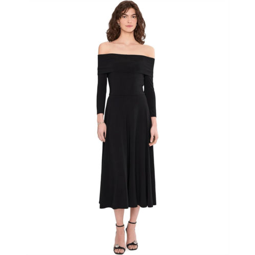 Womens Norma Kamali 3/4 Sleeve Cowl Neck Flared Dress To Midcalf