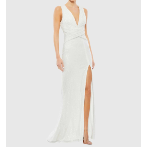 MAC DUGGAL v-neck sequin wrap waist gown in white