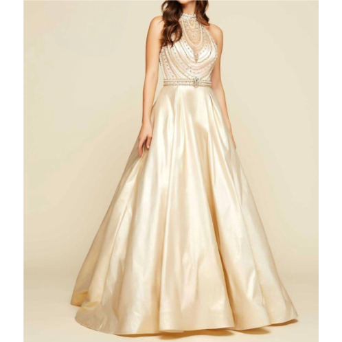 MAC DUGGAL beaded illusion halterneck ball gown in gold