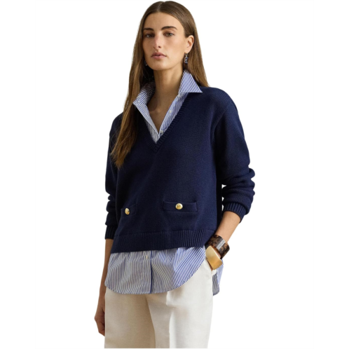 POLO Ralph Lauren Womens Lauren Ralph Lauren Layered Button-Trim Cotton Sweater