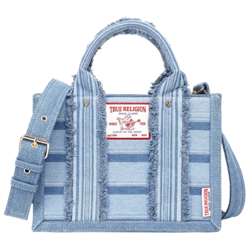 True Religion multi-stripe denim modern tote with removable crossbody strap