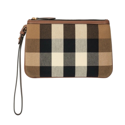 Burberry womens peyton canvas leather check clutch taupe brown