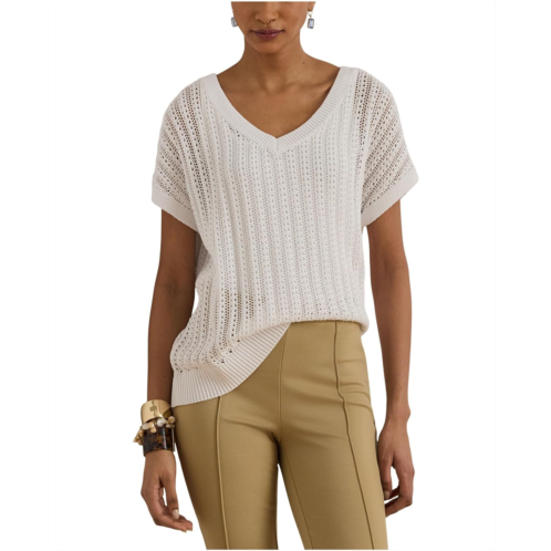 POLO Ralph Lauren Womens Lauren Ralph Lauren Petite Cotton-Blend Mesh Short Sleeve Sweater