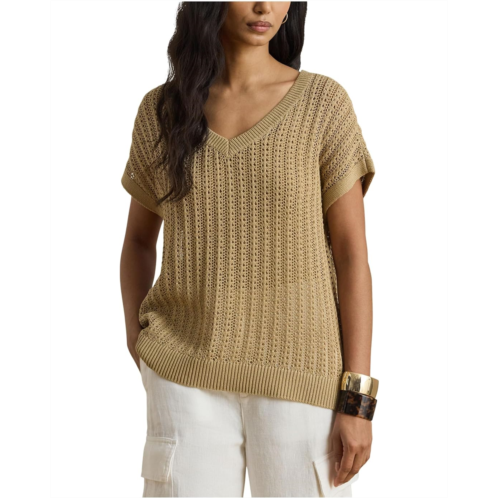 POLO Ralph Lauren Womens Lauren Ralph Lauren Petite Cotton-Blend Mesh Short Sleeve Sweater