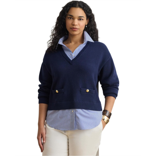 POLO Ralph Lauren Womens Lauren Ralph Lauren Plus Size Layered Button-Trim Cotton Sweater