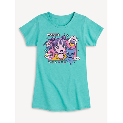 OldNavy Anime Girl And Cat Fitted Short Sleeve T-Shirt For Girls