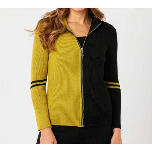 Angel Apparel two tone ribbed zip up cardigan in black/mustard