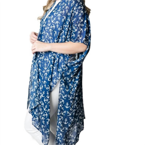 Top It Off kari printed lightweight kimono wrap shawl in navy blue white anchors