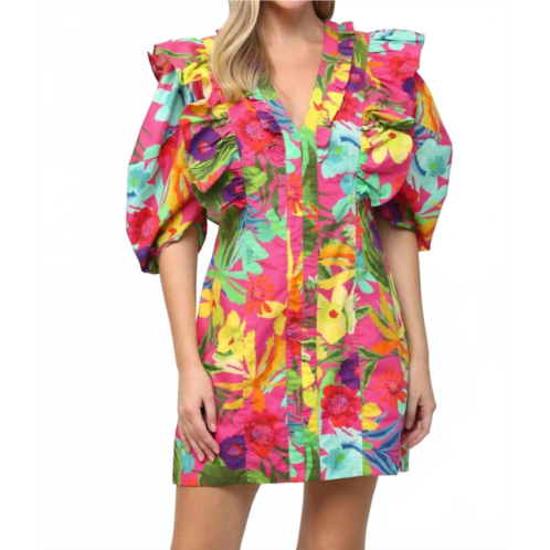Fate tropical dramatic sleeve dress in hot pink multi