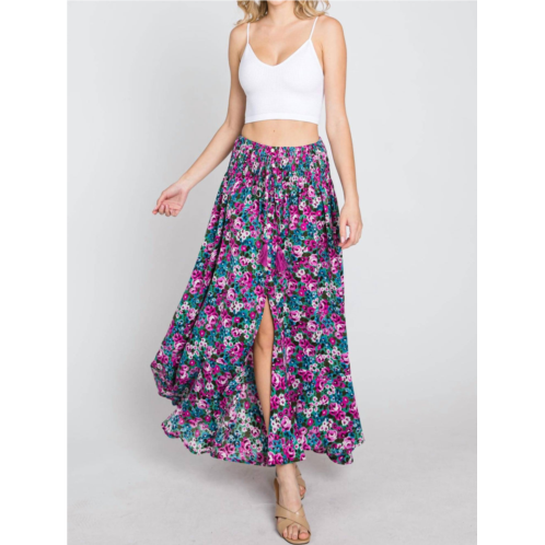 Ee:some floral maxi skirt with smocked waist & button front in fuchsia