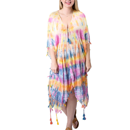 Top It Off boho tie dye lightweight tassel cover up kimono wrap in multicolor