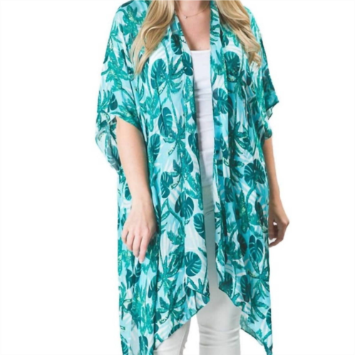 Top It Off kari printed lightweight kimono wrap shawl in blue green tropical palms trees