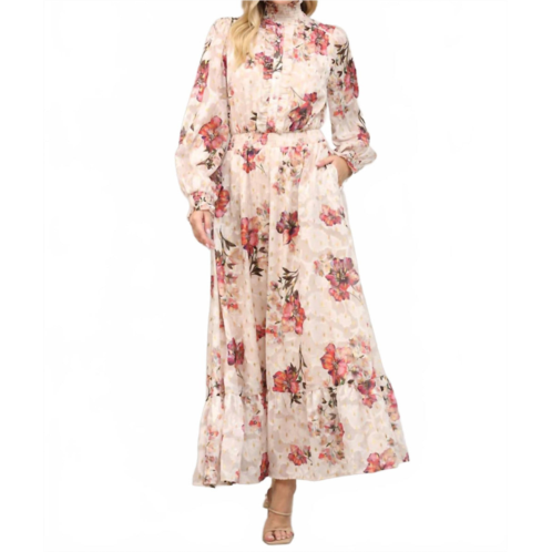 Fate floral metallic ruffle maxi dress in cream and gold