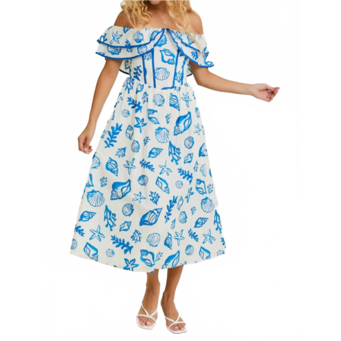 LE LIS shelly off shoulder midi dress in white/ blue