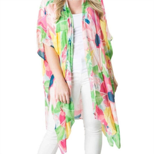 Top It Off kari printed lightweight kimono wrap shawl in pink green yellow pineapple blossoms