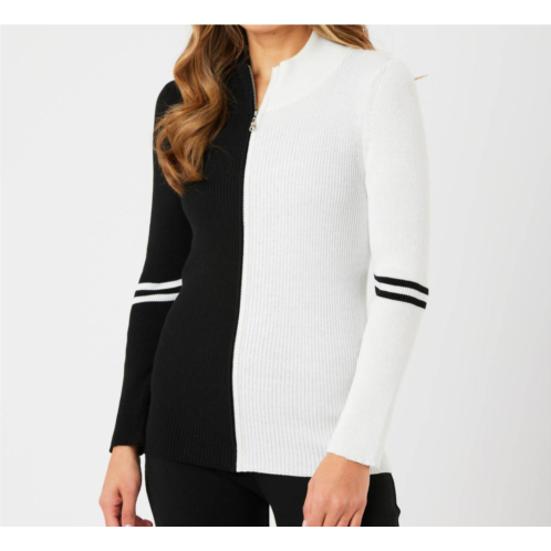 Angel Apparel two tone ribbed zip up cardigan in black/ivory