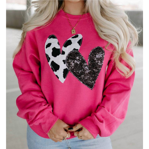 Little Daisy Closet strawberry pink cow & sequin double heart patch sweatshirt