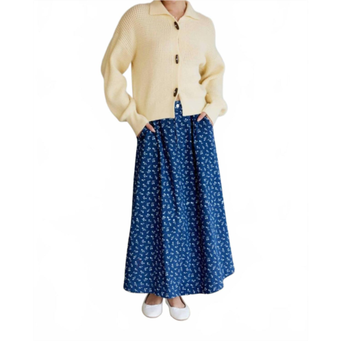 LE LIS samantha floral pleated circle skirt in medium blue denim