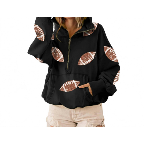 BiBi football sequin half zip up hoodie in black