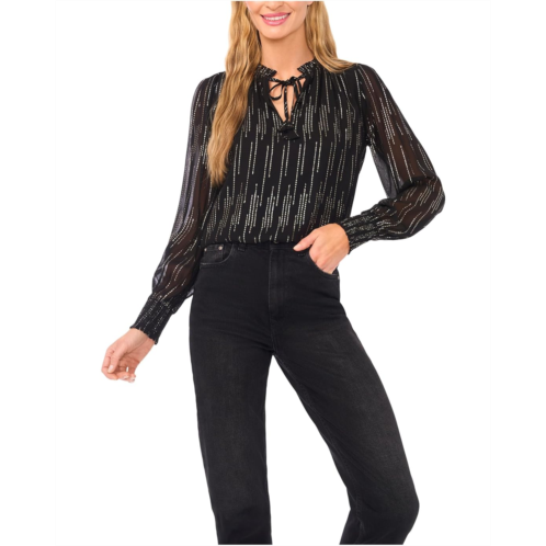 Womens CeCe Smocked Cuff Ruffle Tie Neck Top