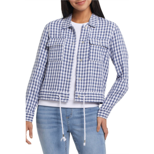 TRIBAL cindy crop jacket with drawstring in dusty navy gingham print