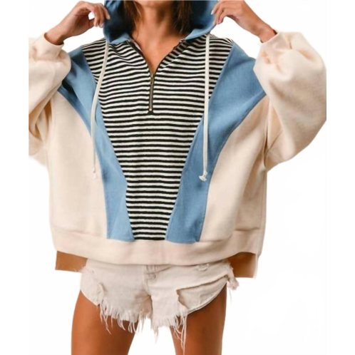 BiBi striped denim block zip up hoodie jacket in blue