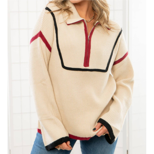 Lula the Label quarterback keeper contrast quarter zip sweater in garnet and black