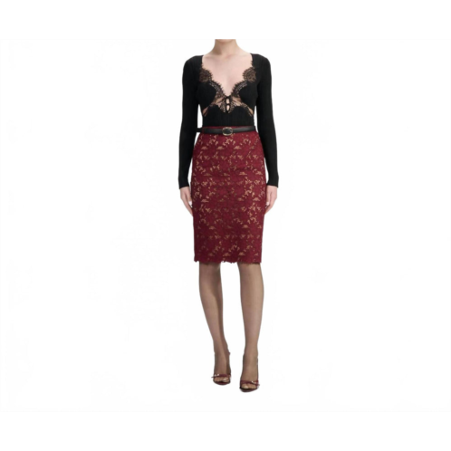 Self-portrait guipure lace midi skirt in burgundy