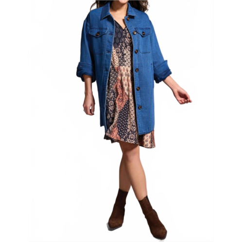 TRIBAL quilted cotton button front shacket in blue bliss