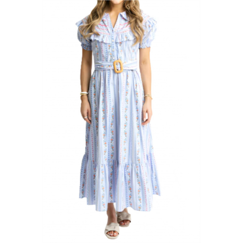 Karlie french floral embroidered vine dress with belt in blue multi