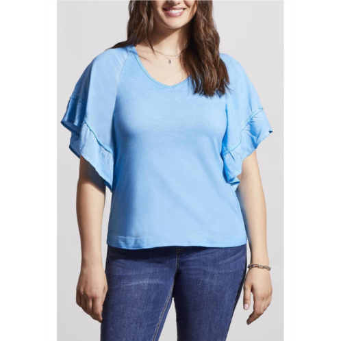 TRIBAL raglan pop over v neck double frill short sleeve top in blue