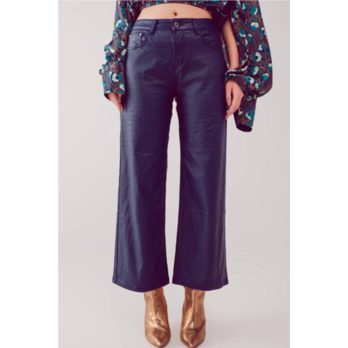 Q2 faux leather wide leg cropped pants in blue