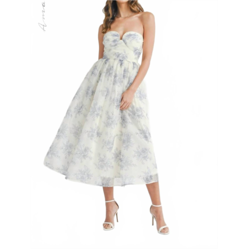 MABLE ali floral strapless midi dress in blue