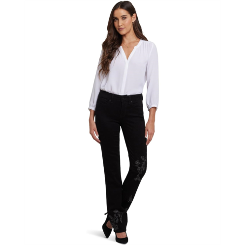 Womens NYDJ Marilyn Straight Embroidery Jeans in Black Rinse