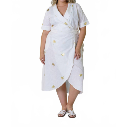 Never fully dressed cotton linen brooklyn midi dress - plus in white with gold palms