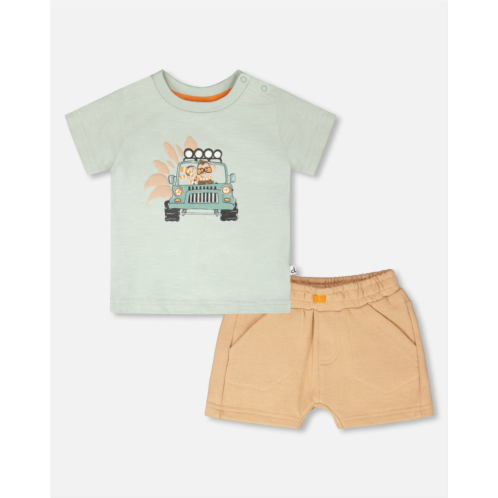 Deux par Deux organic cotton t-shirt and short set mint green and beige