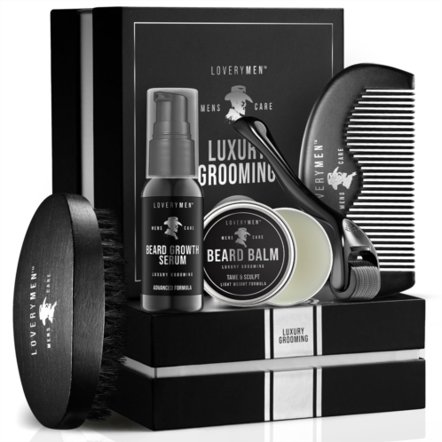 Lovery men 5-piece beard growth kit ultimate beard care set with growth serum balm derma roller comb brush in elegant gift box