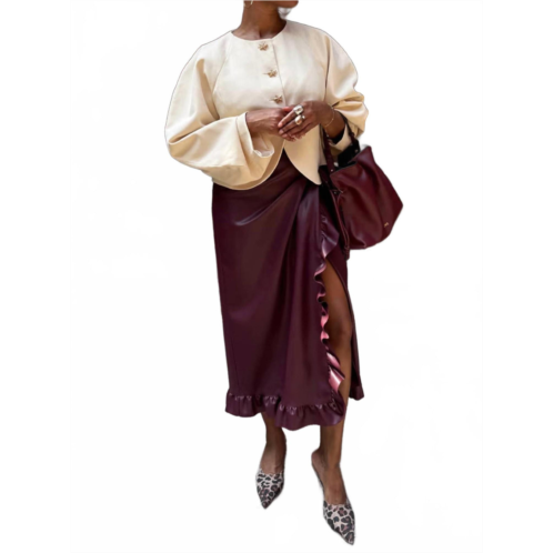 Never fully dressed vegan leather ruffle jaspre midi skirt in burgundy