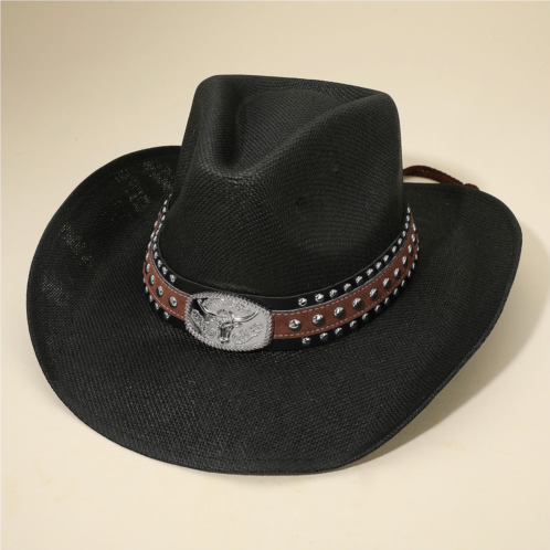 FASHNZFAB western oval steer head buckle studded band cowboy fedora hat